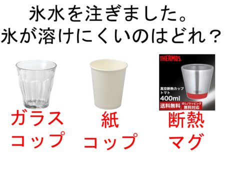 氷が溶けにくいのは、ガラスコップ・紙コップ・断熱マグ？